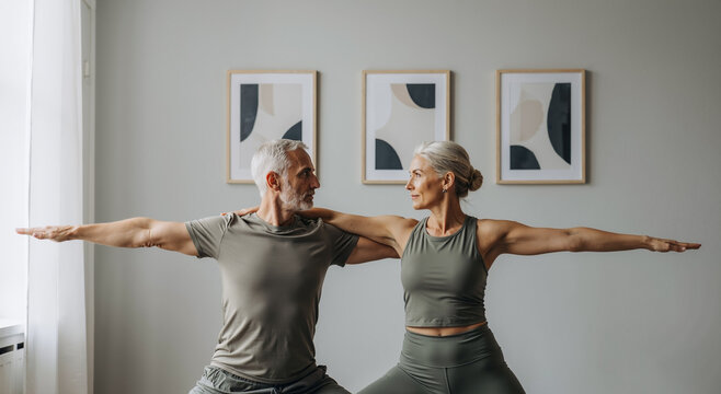 senior couple practicing yoga together in a bright modern living room for wellness