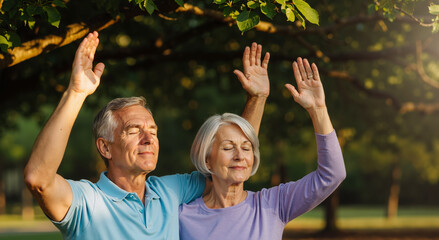 happy senior couple practicing relaxation with raised arms in sunny park