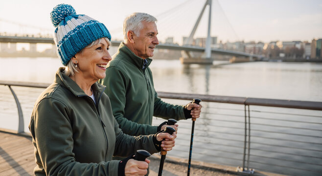 senior couple enjoying a brisk outdoor walk with walking poles near a scenic riverside bridge - Powered by Adobe