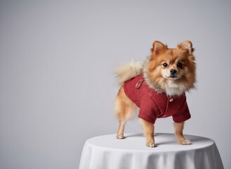 Stylish Pomeranian dog in a red textured coat with gold buttons and fur collar, standing on a white table in a studio with a light grey background.