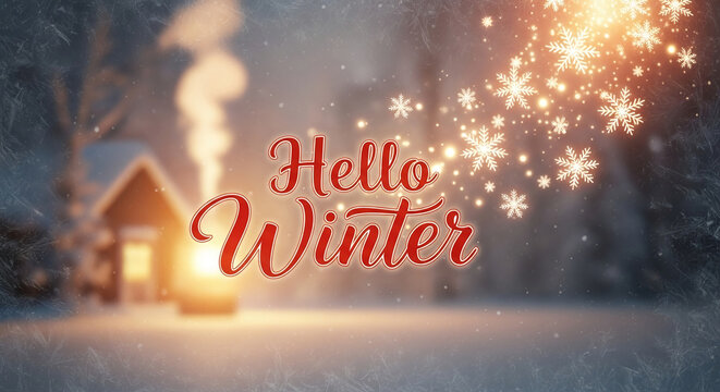 Scene with a blurred snowy landscape, cottage with smoke, snowflakes, "Hello Winter" text, symbolizing winter holidays and seasonal greeting
