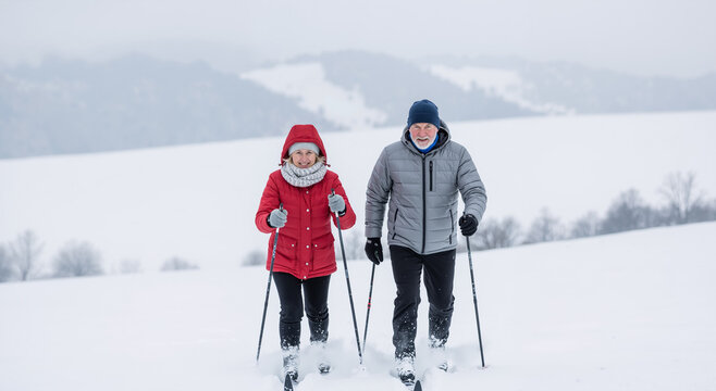 elderly couple enjoying cross-country skiing in snowy winter landscape with foggy mountain views