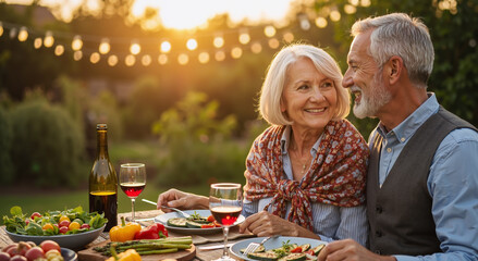 elderly couple enjoying romantic dinner in garden with wine at sunset celebrating anniversary