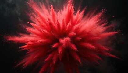 Vibrant red powder explodes outward creating a symmetrical burst effect against a dark backdrop. Fine particles scatter with energetic motion, suggesting a powerful release of color and force.