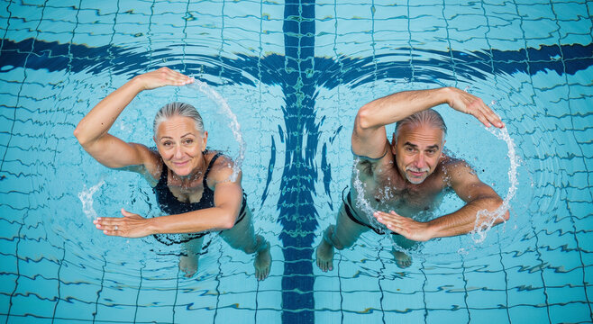 active senior couple enjoying water aerobics in a pool, promoting fitness and well-being