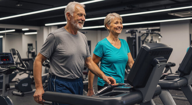 active senior couple enjoying workout together on treadmills in modern gym setting
