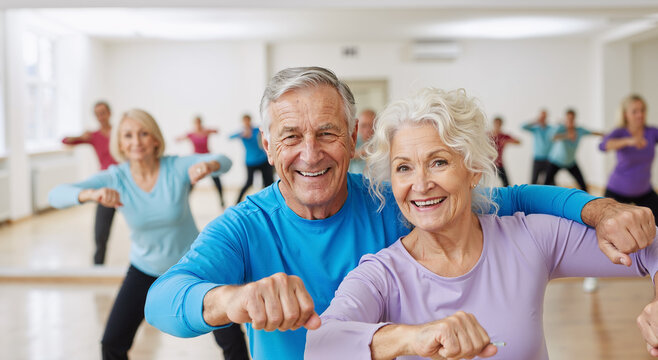 happy senior couple in fitness class enjoying aerobics together in bright studio