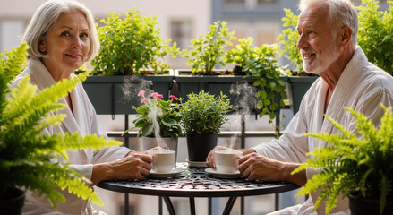 happy elderly couple enjoying morning coffee on a lush green balcony in cozy bathrobes