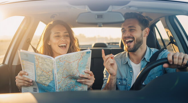 cheerful couple on a road trip enjoying map reading and driving during sunset