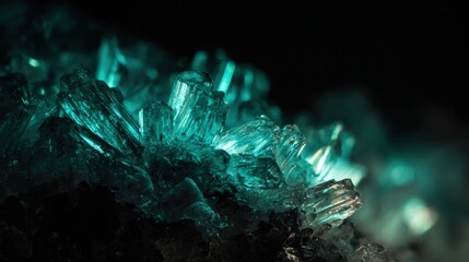 Turquoise Crystal Cluster Glowing Under Dark Background With Blue Green Hues and Sparkling Edges