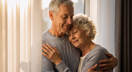 elderly couple embracing tenderly by a sunlit window in a warm and cozy home environment
