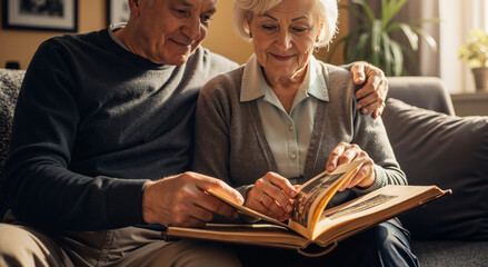 elderly couple enjoying nostalgic moments with photo album on cozy living room sofa