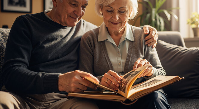 elderly couple enjoying nostalgic moments with photo album on cozy living room sofa