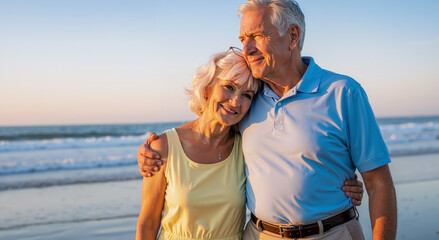 happy senior couple enjoying a peaceful sunset walk on the beach during summer vacation