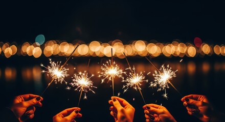 Hands holding sparklers at night celebration with bokeh lights