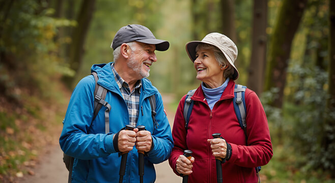 elderly couple enjoying a nature hike on a forest trail surrounded by lush greenery
