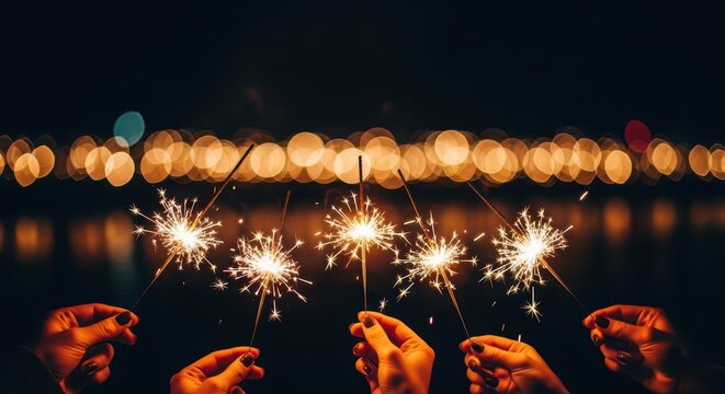 Hands holding sparklers at night celebration with bokeh lights