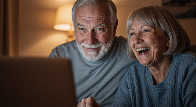 elderly couple enjoying a cozy evening browsing on laptop in warmly lit living room