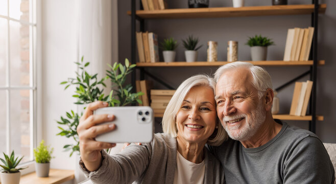 senior couple taking selfie on cozy afternoon in modern living room with plants and books