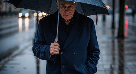 elderly man under umbrella walking in rainy city street, feeling contemplative and solitary