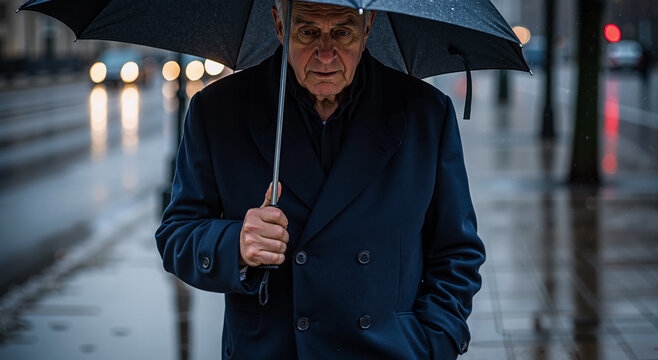 elderly man under umbrella walking in rainy city street, feeling contemplative and solitary - Powered by Adobe