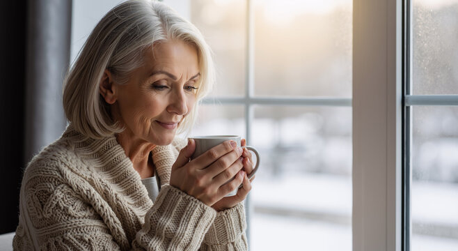 elderly woman enjoying a warm cup indoors near a window on a winter morning