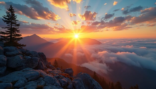 Majestic mountain landscape with sun rays shines over clouds. Breathtaking scenic panorama with orange sky and blue sky at golden hour. Nature scene above the cloudscape with peaks.