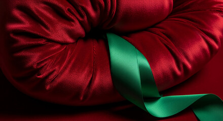 Close-up of velvet texture tied with green ribbon, showing a knot. Representative of gift, present, or luxury item, adding a touch of elegance