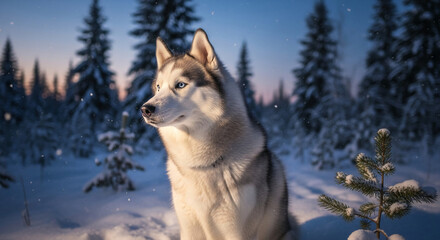 Naklejka premium Image of a husky with blue eyes in a snowy forest, lit by sunset light. Represents wild nature, resilience, and cold winter adventure and exploration.