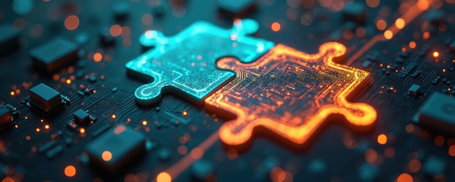 Interlocking puzzle pieces connect on tech circuit board. Orange, blue jigsaw parts symbolize integration. High tech system background shows data transfer. Perfect for business solution concept