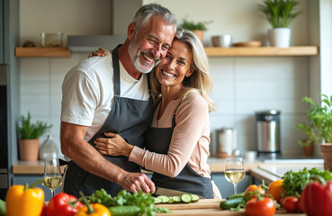 Mature couple smiles while preparing meal in kitchen. Man hugs woman who slices vegetables. They have glasses of wine and enjoy time together at home.