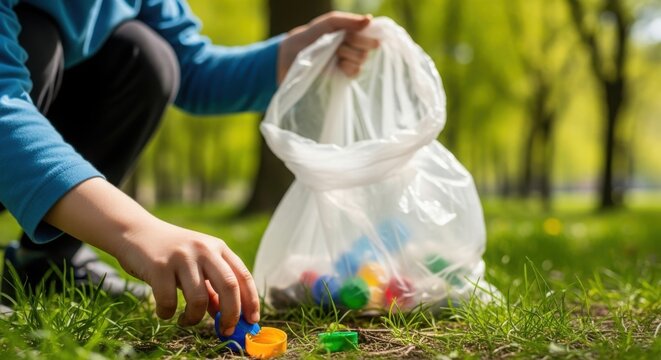Picking up trash in park, person carefully collecting colorful plastic bottle caps from grass into plastic bag. Picking up trash, volunteer protects environment by gathering litter, sorting plastics.
