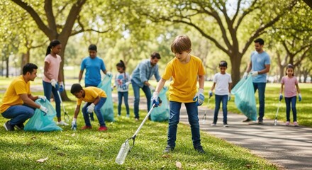 Group of volunteers cleaning park, garbage collection near green trees under sunlight. Garbage collection by multiethnic group on green lawn at summertime.