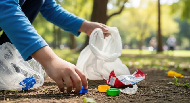 Collecting garbage for recycling, child picks up litter scattered on ground in park. Child collects garbage, separating and placing it into plastic bag, promoting environmental cleanup. - Powered by Adobe