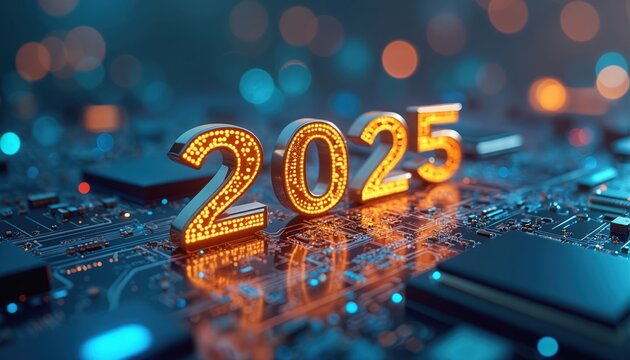 Illustration presents the year 2025 in a futuristic tech environment. Illuminated metallic digits are floating above circuit board. Digital world future tech innovation concept.