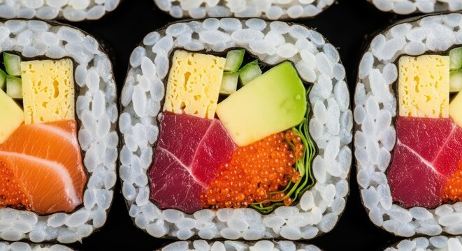 Colorful sushi rolls with fish, avocado, egg, and roe close-up - Powered by Adobe