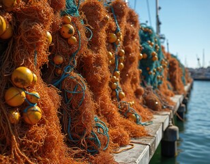 Orange fishing nets with floats dry on a wooden pier in the harbor. Marine trawler equipment with ropes and buoys sits at the port dock. Industrial fishery gear is ready for work by the sea water.