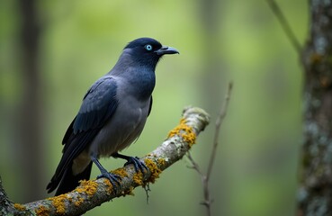 Fototapeta premium Eurasian Jackdaw bird perches on lichen covered tree branch. Beautiful wild avian creature dark black head, light grey body, striking bright blue eyes. Quietly watches surrounding vibrant green