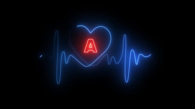 Neon heart and electrocardiogram pulse with letter A in red and blue lights on black background love