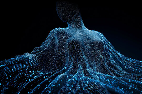 Glowing data points converging to form a complex fashion garment, illustrating AI's role in innovative textile and apparel design.