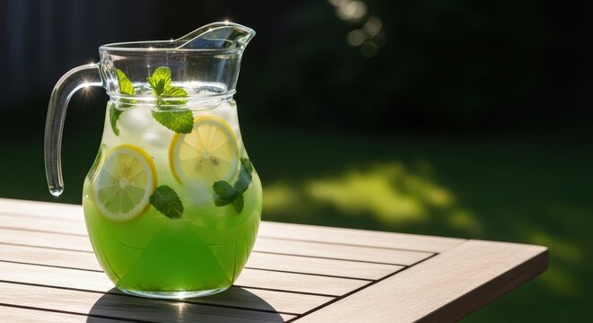 Refreshing green lemonade with mint and lemons in sunlit pitcher on wooden table