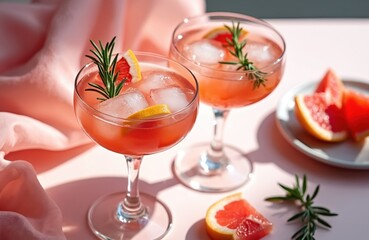 Two glasses of pink cocktail with ice rosemary and grapefruit slices. Refreshing summer drinks on table with pink cloth. Sweet citrus beverage.