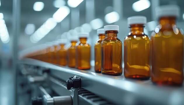 Amber glass bottles with white caps move fast on clean industrial conveyor belt. Part of pharmaceutical factory production line for medicine, drugs, vitamins. Modern automated manufacturing process
