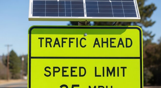 Solar panel powers road sign to promote safe driving, showing traffic ahead. Solar panel technology efficiently powers road sign, helping regulate speed limits for vehicles on highway.