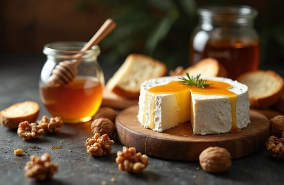 Round goat cheese covered with honey sits on wooden board. Walnuts and bread slices beside cheese. Honey dripping from cheese with rosemary. Gourmet appetizer on table. - Powered by Adobe