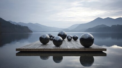 Abstract Sphere Installation on Lake: An intriguing composition of spherical objects resting on a wooden platform over the serene water, mirroring the calm sky and mountain range in the distance.