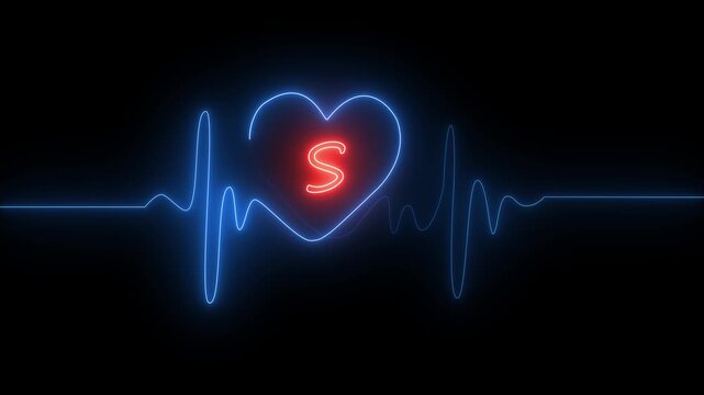 Blue Neon Heartbeat Line with Red Neon Letter S Inside Heart on Black Background electrocardiogram