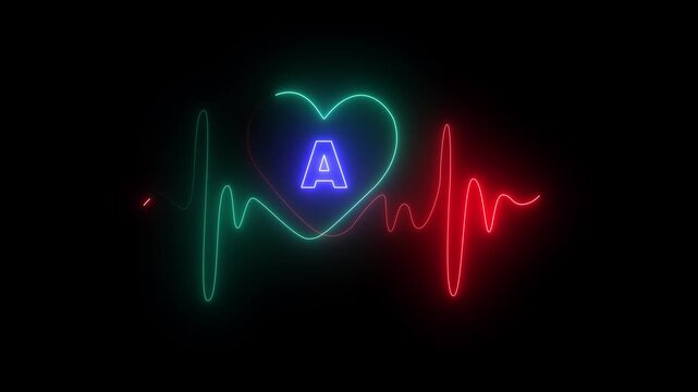 Neon heart and electrocardiogram pulse with letter A in blue and red and green lights on black background