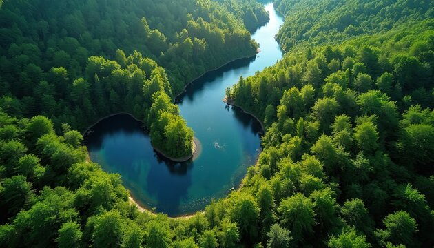 Aerial photo of a winding river surrounded by a rich green forest. Scenic view of the natural landscape with calm water and dense trees. Environment eco friendly nature scene. - Powered by Adobe