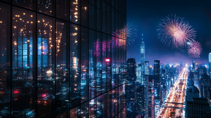 Obraz premium Fireworks Reflected in Glass Skyscraper